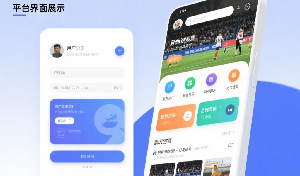 平台界面展示,用户浏览各类体育赛事和互动功能,整体风格现代且友好
