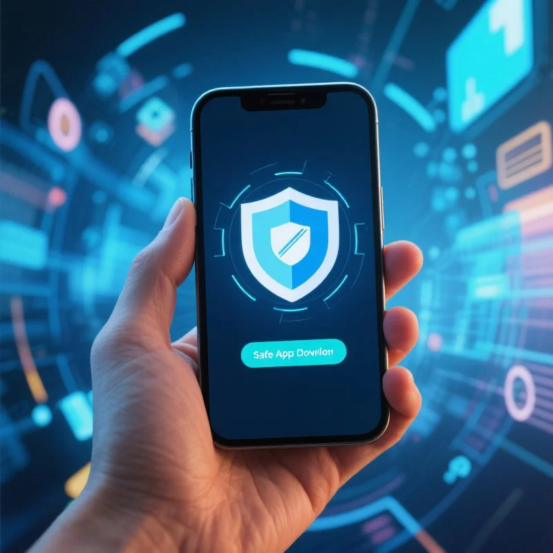 手持智能手机，屏幕上叠加安全盾牌图标，强调安全下载的重要性
