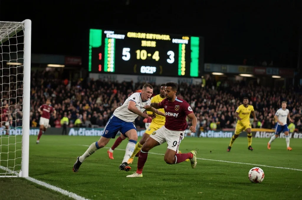 激烈的足球比赛瞬间，球员在球场上奋力拼抢，背景是热情观众和闪烁的比分牌